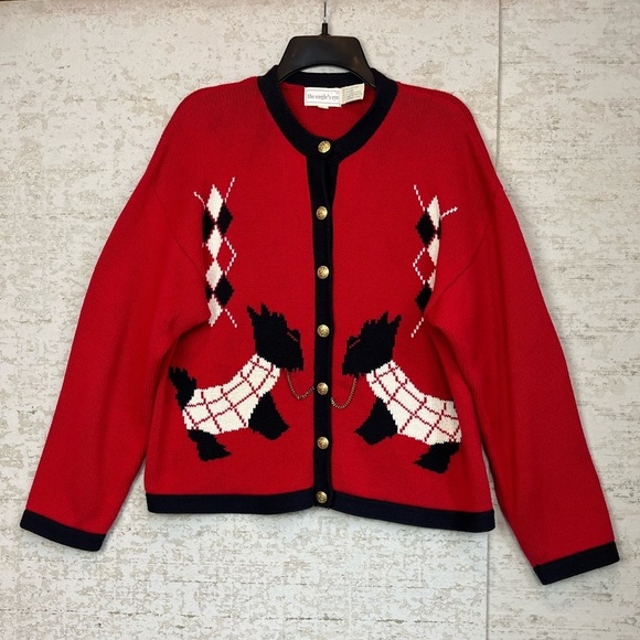Vintage THE EAGLE'S EYE Womens Cardigan Sweater Large Red Scottie Terrier Dogs - Picture 1 of 16